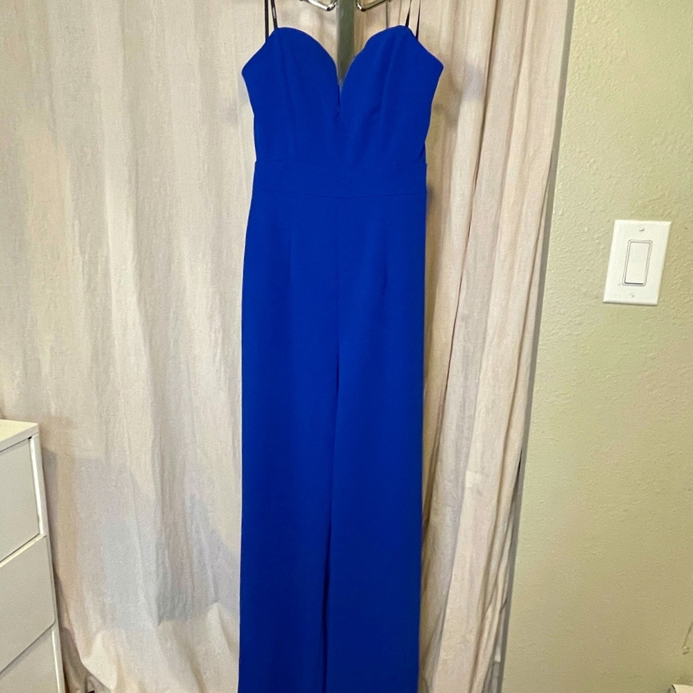 Bright Blue Strapless Jumpsuit, Plunge V Neck